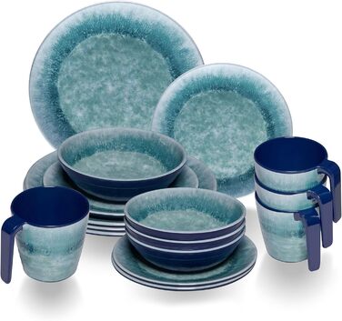 Набір посуду Melamin Adria Blue на 4 особи: 16 частин, керамічний вигляд, для кемпінгу, відпочинку, пікніків