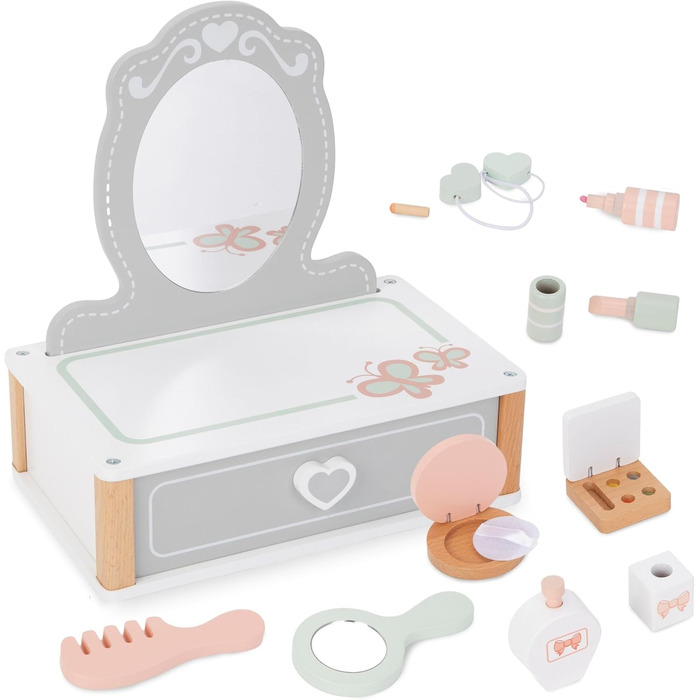Детський туалетний столик Mamabrum XXL з дерева з пуфом та LED-дзеркалом – для дівчаток від 3 років, з ящиком та аксесуарами для краси, ігровий набір та письмовий стіл (MAM74 MY DRESSER)