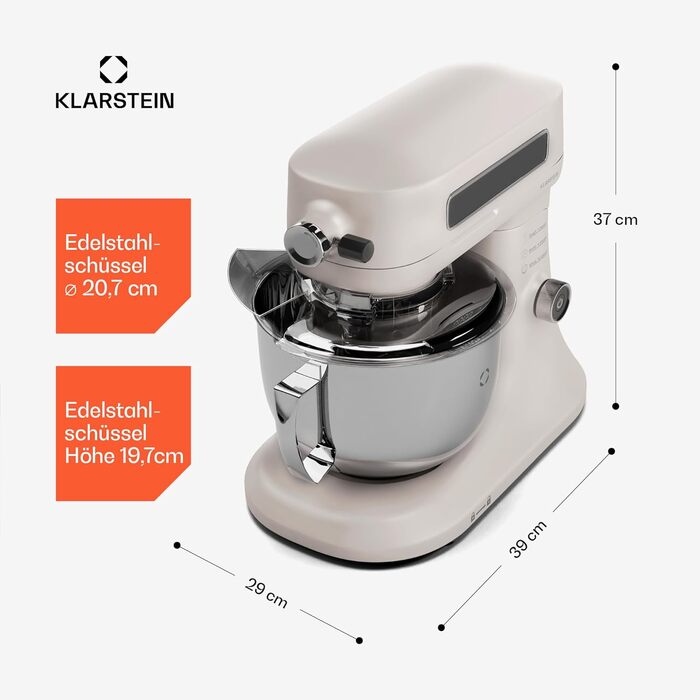 Кухонна машина Klarstein Chiara 1600W з чашею 5L з нержавіючої сталі, 12 швидкостей, LCD-сенсорний дисплей, тиха робота ≤72 dB, набір для випічки, що підходить для миття в посудомийній машині, корпус з алюмінію методом лиття під тиском