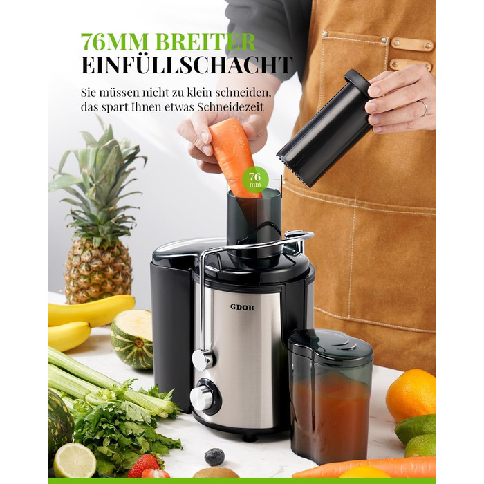 Шокер-віджимач GDOR 800W з нержавіючої сталі, 76 мм, 3 швидкості, для фруктів та овочів, швидке віджимання, легкий у чищенні, BPA-free