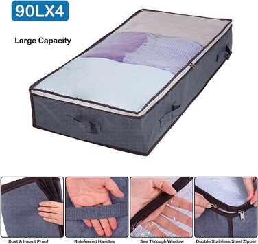 Сумка для зберігання під ліжком з прозорою кришкою і посиленими ручками, 90 л, 3 шт.
