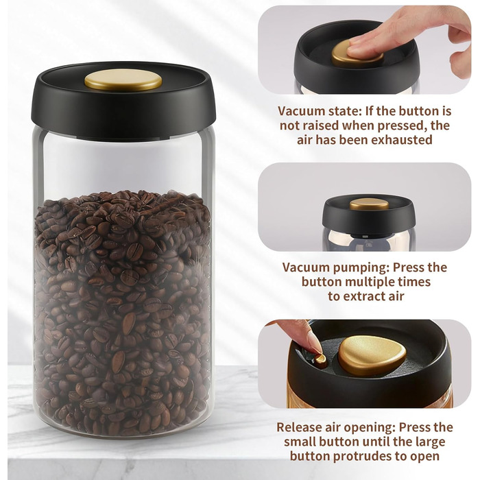 Герметичний контейнер для кави на 1,2 л зі скла, вакуумний, з чорною кришкою та золотою кнопкою. Підходить для кави, чаю, горіхів.