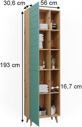 Шафа для ванної кімнати Vicco Rudi, м'ятний зелений/дуб, 56x193 см, двері та відкриті відділення, висока шафа Mint Green