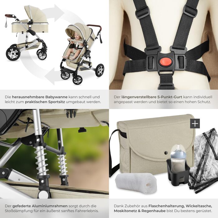 Дитяча коляска Tectake 2 в 1: розкладний візок-ліжко з підніжкою, тримачем для напоїв, люлькою та дощовиком (сірий/бежевий)
