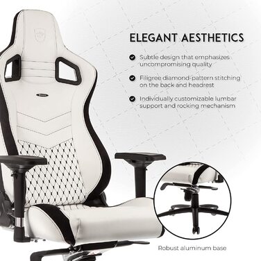 Крісло ігрове Noblechairs Epic, офісне, для роботи, PU-шкіра, з подушкою, білий/чорний