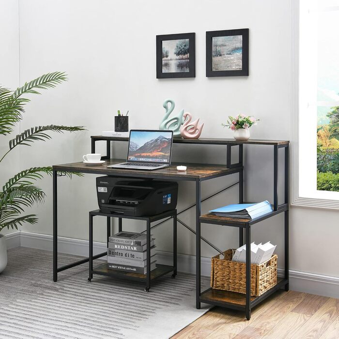 Двоярусний стіл для принтера Padma House з універсальними роликами 45 x 35 см, мобільний, з дерева та металу. Підставка для принтера, офісна візка для зберігання документів, сумісна з копіювальними машинами, сканерами, факсом. SZCJ-20401-BK (Rustikal Brau