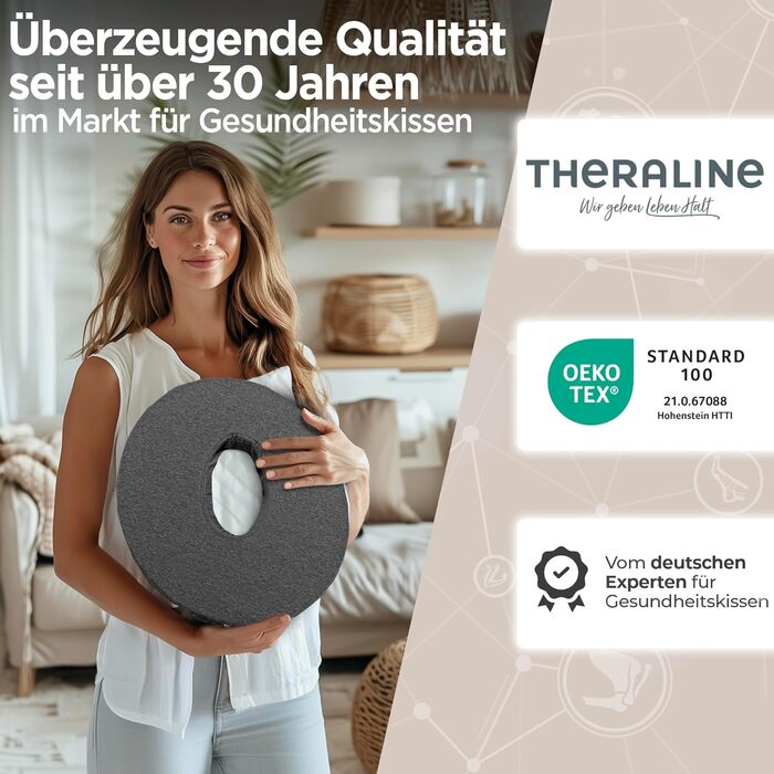 Ергономічна ортопедична подушка-кільце Theraline для розвантаження куприка та гемороїду, післяопераційна та післяпологова подушка-пончик (Антрацит Меланж), 35x48 см