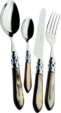 Набір столових приборів Bugatti Aladdin 24 шт. з нержавіючої сталі 18/10, хромуванням та ручками кольору онікс з перламутровим ефектом. Комплект на 6 осіб: 6 ложок, 6 виделок, 6 ножів та 6 чайних ложок
