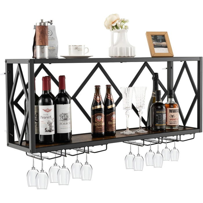 Стильна полиця для вина Komfotteu на стіну з металевим каркасом, з тримачем для келихів, 100 x 25 x 45 см