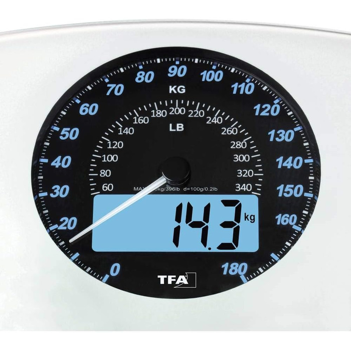 Ваги для ванної кімнати TFA Dostmann з цифровим та аналоговим дисплеєм SWING, 50.1003.02, оптика спідометра, ваги корпусу до 180 кг, функція нагадування про зважування зі звуковим сигналом, автоматичне включення, білий