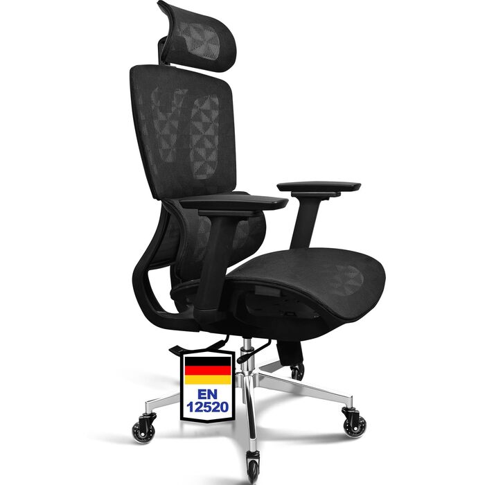 Ергономічне крісло для офісу, 4D підлокітники, регульована глибина сидіння, 4-рівневий нахил, гумові колеса, сітчаста сидіння, висока спинка, для великих людей, Homeoffice & Gaming, чорне ергономічне крісло з сітчастою подушкою сидіння