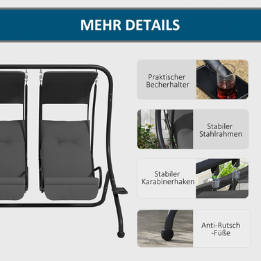 Садова гойдалка Голлівуд, стійка до погодних умов, з роздільними сидіннями для двох, 2 підсклянники, 170 см x 136 см x 170 см, сірого кольору