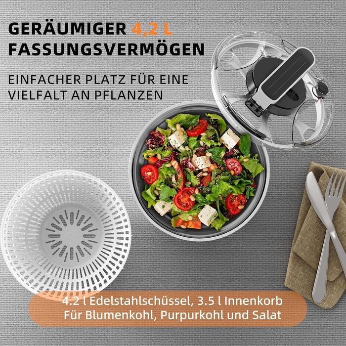 Салатниця-швидкосушарка з нержавіючої сталі 4.2L з мискою та кришкою, для салатів, овочів, ягід