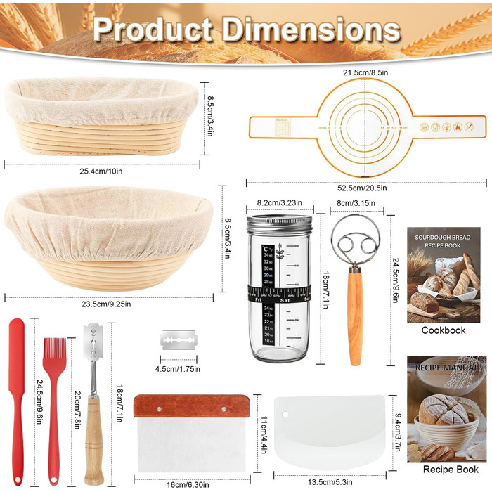 Набір для приготування закваски (12 шт.), 23,5см & 25,4см: корзини для бродіння, скляна тара для закваски, лопатки та мішалки для тіста. Ідеально для початківців