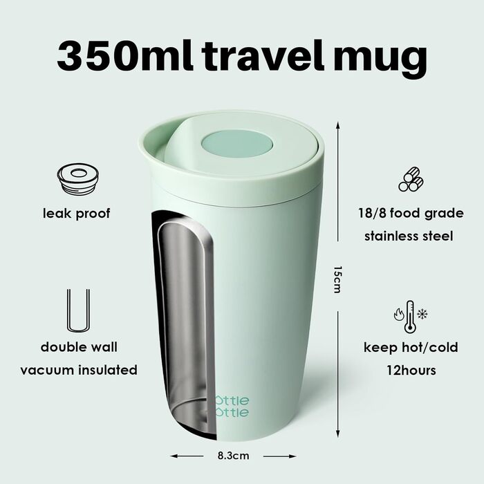 Термокружка BOTTLE Thermobecher 350 мл, для кави та чаю, витікання, Quick-Press, Isolierbecher Travel Mug Classic Grande (Зелена)