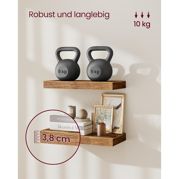 Настінна полиця VASAGLE, 3 шт. у наборі, 20 x 80 x 3,8 см, вінтажний колір, для фотографій, декору, вітальні, кабінету, кухні