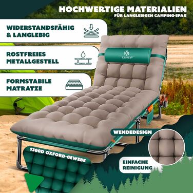 Розкладне кемпінгове ліжко KESSER з преміум-матрацом 190x68x30 см, польове ліжко до 250 кг з подушкою, кишенею та підстаканником, для відпочинку на природі та дому, колір Зелений/Тауп