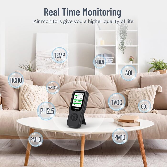 Детектор якості повітря LifeBasis 10 в 1: формальдегід, AQI, PM2.5/PM10, HCHO, TVOC, CO2, температура, вологість. USB зарядка для дому та офісу