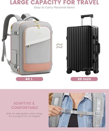 LOVEVOOK Рюкзак для ручної поклажі, жіночий/чоловічий, 40L, водонепроникний, з відділенням для взуття, 17 дюймів для ноутбука, сірий+рожевий+бежевий
