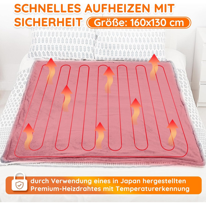 Електрична ковдра Mia&Coco з автовимкненням 160x130 см, 10 рівнів нагріву, таймер 9 год, захист від перегріву, пральна машина, фланелева ковдра для ліжка, дивана та вітальні, сіра, 130x160 см