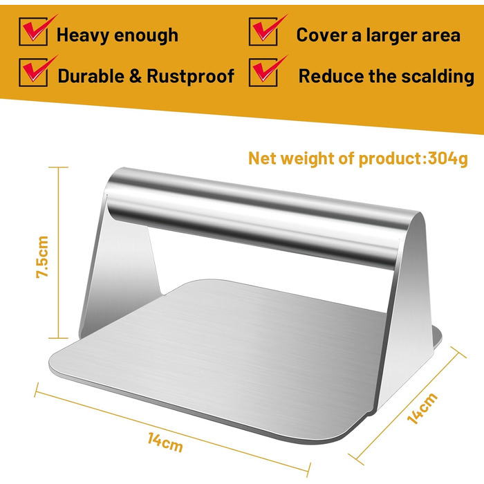 Прес для бургерів з нержавіючої сталі 304, 5,5-дюймовий, з антипригарним покриттям, професійний аксесуар для гриля з плоским верхом (квадратний)