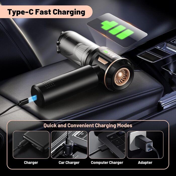 Акумуляторний ручний пилосос Handstaubsauger 28000Па, бездротовий автомобільний пилосос 4-в-1 з безщітковим двигуном та функцією самоочищення, для авто, дому та шерсті тварин, чорний