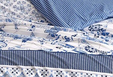 Комплект постільної білизни Leonado Vicenti 200x200 см з бавовни, білий, синій, без складок, для спальні, Королівський розмір із застібкою-блискавкою (135 x 200 см / 4 предмета)