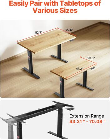 Електричний стіл VEVOR з подвійним мотором, регульована висота 65-129 см та довжина 110-178 см, чорний, для офісу та дому