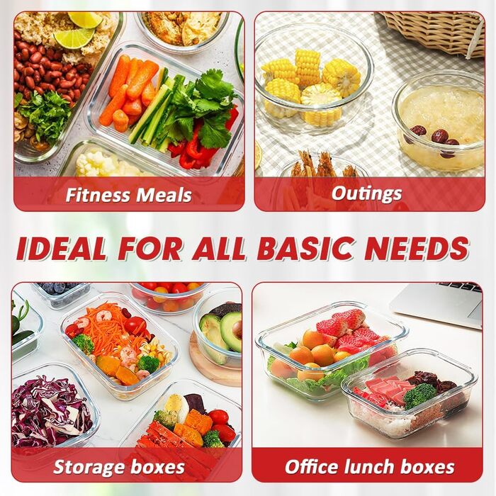 Набір контейнерів Verones 24 шт. з кришками, повітріобіг, скляні ланч-бокси, для зберігання, миття в посудомийній машині, (червоний/для подорожей, однотонний)