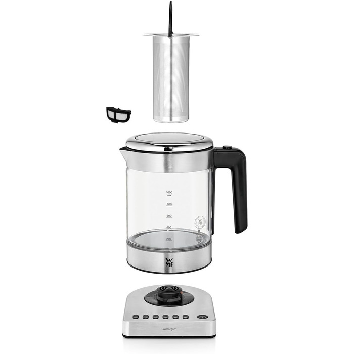 Електричний чайник-заварник WMF Küchenminis 2 в 1 з регулюванням температури, 1 л, 1900 Вт, скло, з тримачем для чайних пакетиків та ситом