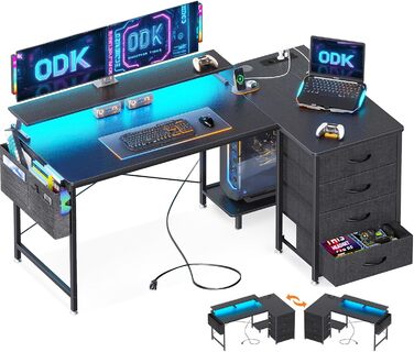 Кутовий стіл ODK L-подібної форми з шухлядами, розетками, USB, LED та підставкою для монітора (чорний, 140x80 см)