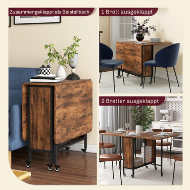 Розкладний обідній стіл, мобільний розкладний стіл на 6 осіб, з полицею, витримує до 50 кг, розміри 130 x 80 x 74 см, темно-коричневий