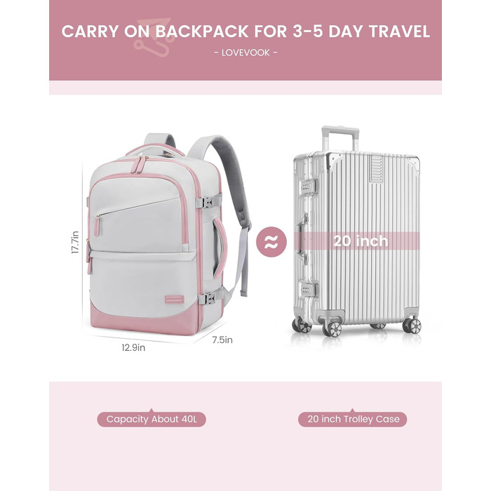 Рюкзак для ручної поклажі LOVEVOOK 40L, сірий/рожевий, для ноутбука 17.3