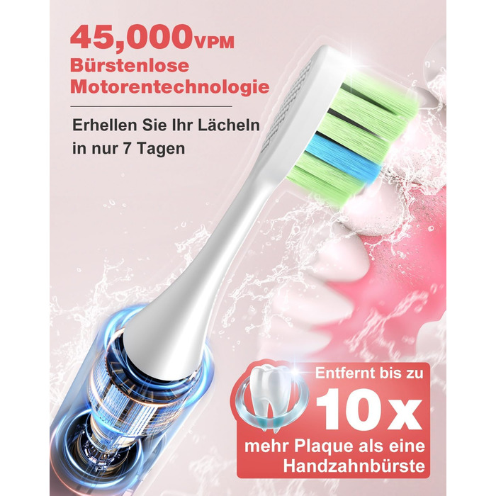 Електрична звукова зубна щітка, 5 режимів, рожева, з таймером та 6 насадками DuPont
