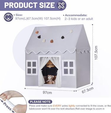 Дитячий намет Wilwolfer з килимком для малюків: Принцесин будиночок з бахромою для дівчаток та хлопчиків - Великий намет для гри в приміщенні та на вулиці (Мишачий сірий)