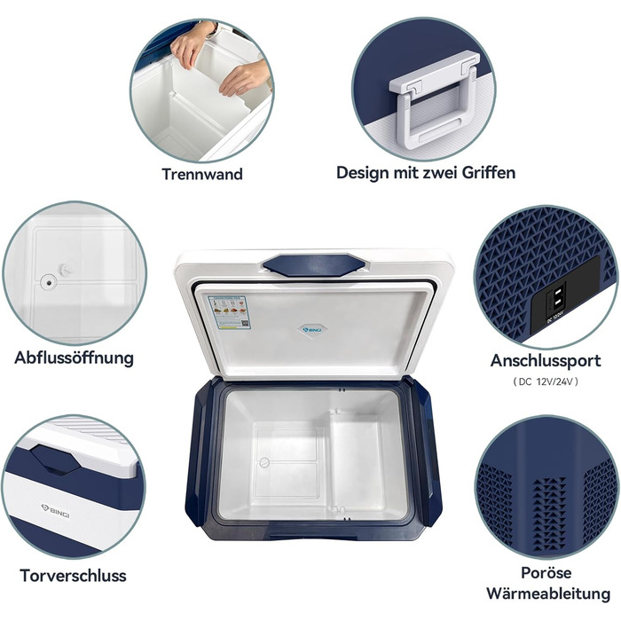 Автохолодильник BINGI 18л портативний 12/24V, 230V з функцією морозильника (-18°C до 15°C) для авто, кемпінгу, дому (синьо-білий)