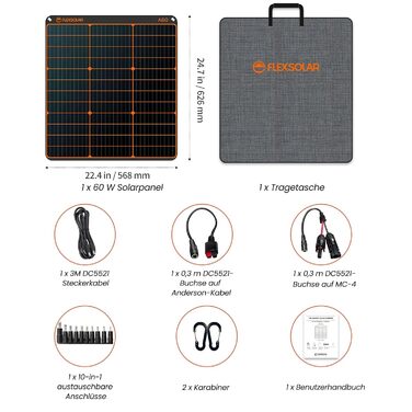 Сонячна панель FlexSolar, портативна сонячна панель 60 Вт з USB-C 45 Вт QC 3.0 і постійним виходом, водонепроникна та пилонепроникна IP67, монокристалічна сонячна панель ETFE для вулиці, кемпінгу, мобільних телефонів і ноутбуків A60