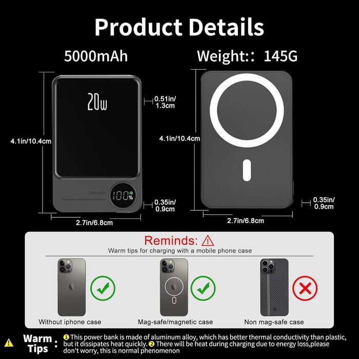 Магнітний бездротовий павербанк LUCKYDUO 5000mAh 15 Вт ультратонкий, сумісний з iPhone/Galaxy