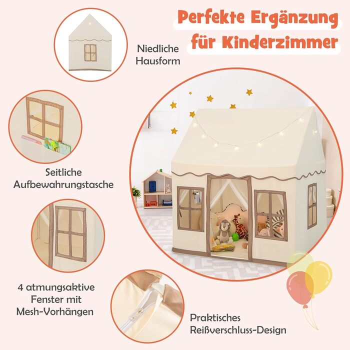 Дитячий намет DREAMADE з гірляндою та килимком, Тіпі, ігровий будиночок з вікнами, для хлопчиків та дівчаток, для дому та вулиці (Бежевий + Кофе)