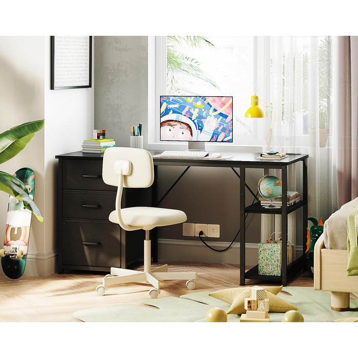 Комп'ютерний стіл Coleshome з висувними ящиками з тканини, 130x48 см. 2 розетки та 2 USB-порти для зарядки. Стільниця з полицею, реверсивний офісний стіл для дому та офісу (Чорний, 130x48x75.7 см)