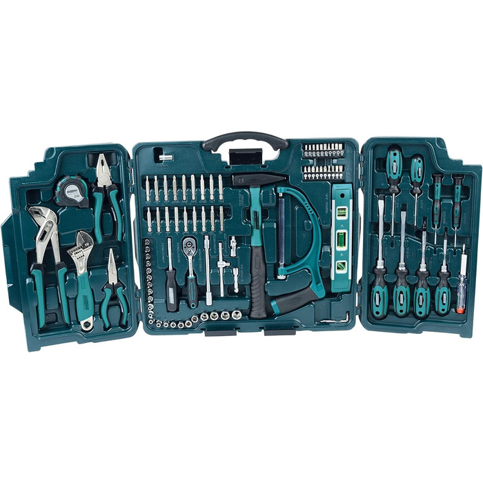 Набір інструментів Brüder Mannesmann 89 предметів у кейсі: універсальний набір з Cr-V сталі (пила, молоток, плоскогубці, ключі, тріскачка, рівень)