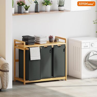 Бамбуковий сортувальник для білизни з 3 відділеннями, 148 літрів, 2 яруси, великий кошик для білизни з знімним мішком, прямокутна коробка для ванної, спальні та пральні, 77.5x41.3x100.5CM, Бежевий (Темно-сірий)