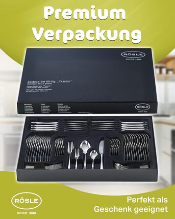 Набір столових приборів RöSLE ELEGANCE на 12 осіб (60 предметів) – високоглянцевий нержавіючий сталь 18/10, преміум якість, придатний для миття в посудомийній машині, в подарунковій коробці