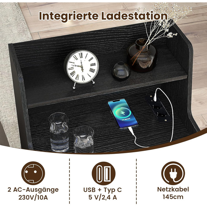 Нічний столик COSTWAY з LED-підсвіткою та зарядкою, 2 шухляди, відкриті полиці, пульт дистанційного керування, 45 x 35 x 72,5 см (Чорний)