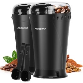 Кавомолка електрична Aigostar для кави, спецій та горіхів, нержавіюча сталь, 60г, 200 Вт, чорна (2 шт)