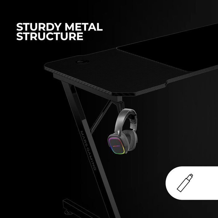 Стіл ігровий Mars Gaming MGD-ERGOPRO, електричний, регулювання висоти 73-118 см, карбонова поверхня, металева конструкція, тримач для навушників, управління кабелями, 110x60 см, білий