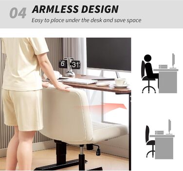 Крісло офісне без підлокітників HOMCOM, тканина льон, регульоване, поворотне, для дому, кремове