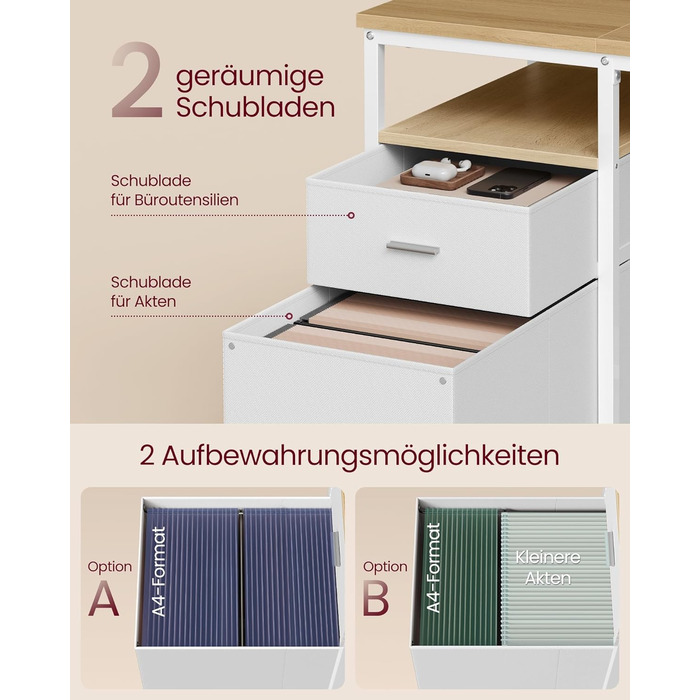 Комп'ютерний стіл VASAGLE з 3 полицями та 2 ящиками, 140 x 60 x 76 см, для офісу та вітальні, сучасний стиль, колір: natureichenfarben + perlweiß