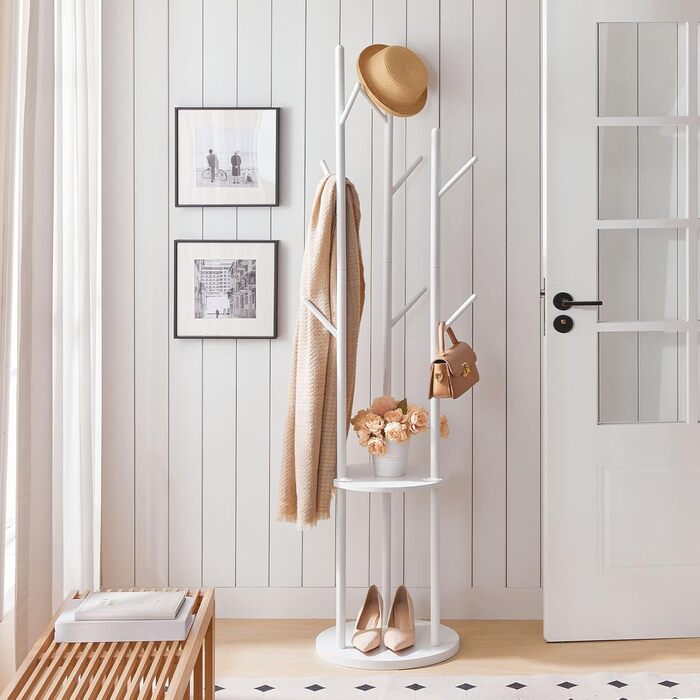 HOOBRO Стійка для одягу, підлого стояння, у вигляді дерева з 8 гачками та 2 круглими полицями, для одягу, капелюхів, сумок, вітальні, спальні, офісу, темно-коричневий/чорний