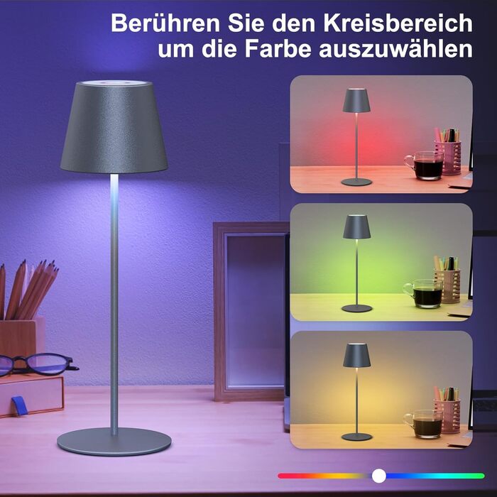 LED настільна лампа MALUX бездротова, торшера з торканням, диммування, тепле біле світло 2700K-4000K, металева, акумуляторна, вологостійка IP54, для саду, їдальні, спальні, робочого кабінету, балкону, готелю (темно-сірий), (сірий) 1 шт.